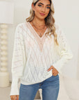 Light Gray Lace Detail V-Neck Long Sleeve Sweater