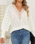 Light Gray Lace Detail V-Neck Long Sleeve Sweater