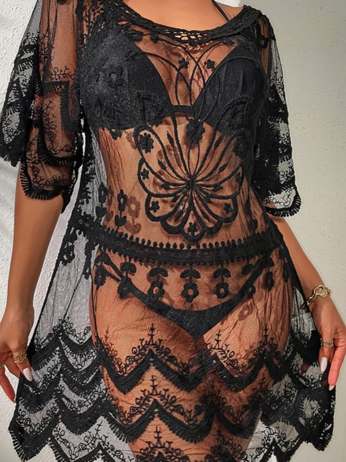 Dark Slate Gray Lace Round Neck Half Sleeve Cover-Up