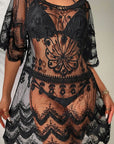 Dark Slate Gray Lace Round Neck Half Sleeve Cover-Up