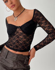 Lace Sweetheart Neck Long Sleeve T-Shirt