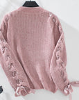 Lace Up Round Neck Long Sleeve Sweater