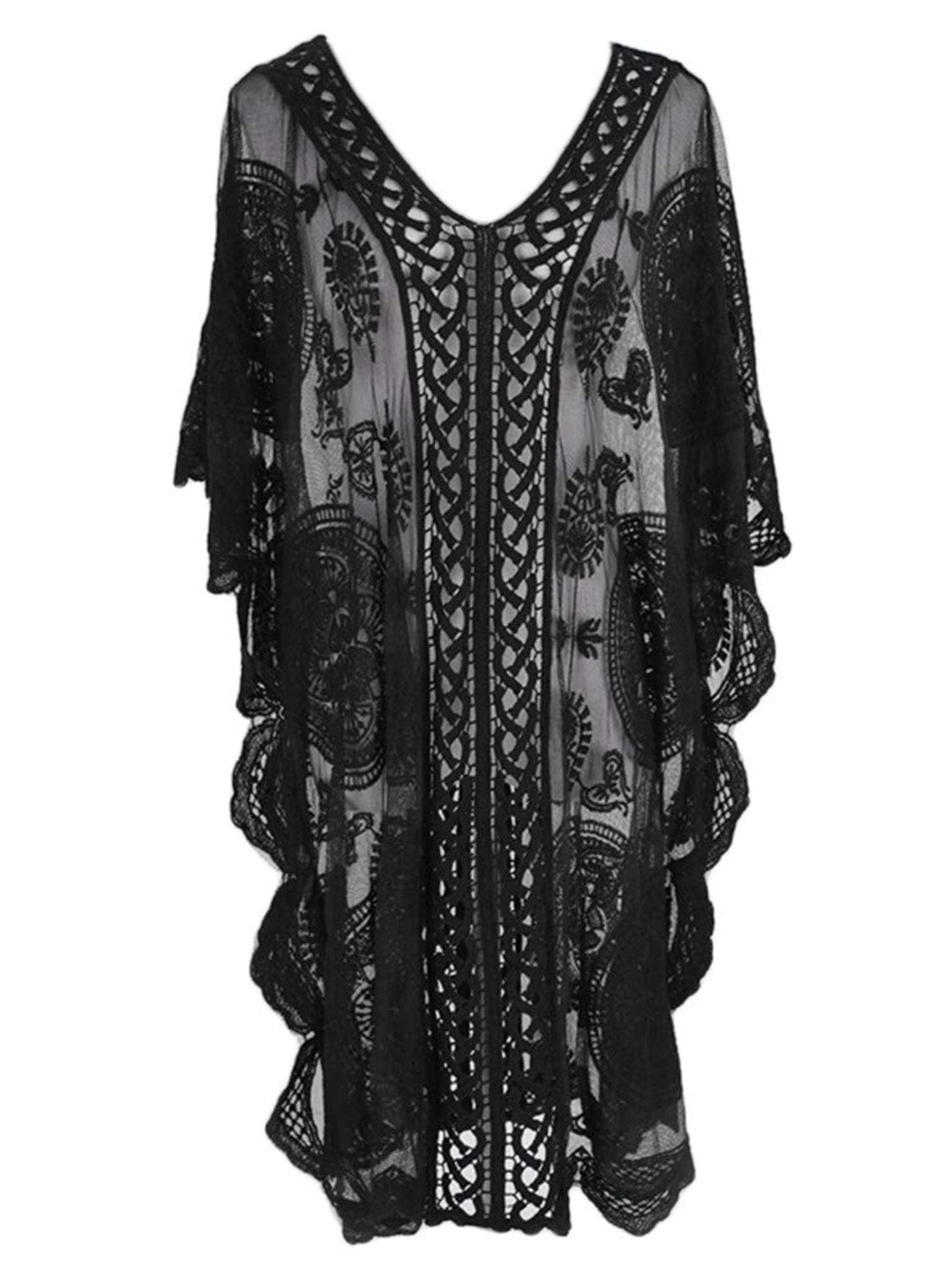 Black Lace V-Neck Half Sleeve Cover-Up