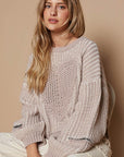 POL Round Neck Heart Patch Zipper Point Sleeve Sweater