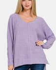 Zenana High-Low Center Seam V-Neck Sweater