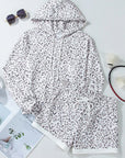 Drawstring Leopard Long Sleeve Hooded Top and Shorts Set