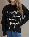 Letter Contrast Round Neck Dropped Shoulder Sweater