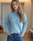 Cable-Knit Mock Neck Dropped Shoulder Sweater