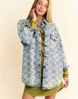 Davi & Dani Curved Hem Diamond Quilted Button Up Denim Shacket