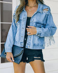 Gray Distressed Fringe Denim Jacket