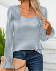 Striped Square Neck Flounce Sleeve Top