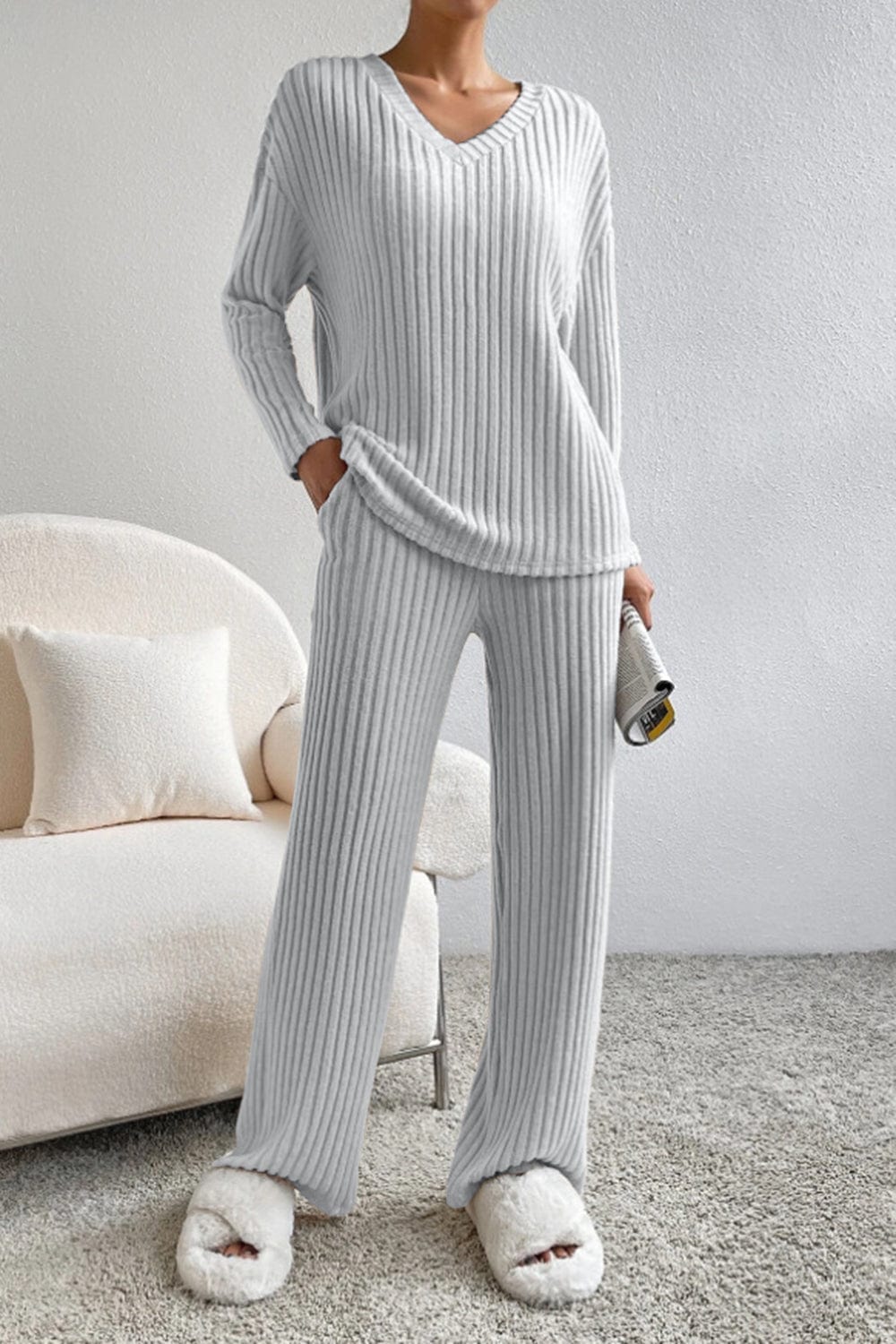 Gray Ribbed V-Neck Top and Pants Set