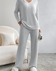 Gray Ribbed V-Neck Top and Pants Set