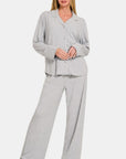 Zenana Button Down Long Sleeve Top and Pants Lounge Set