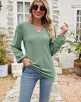 Eyelet Notched Neck Balloon Sleeve Blouse