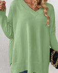 Slit V-Neck Dropped Shoulder Sweater