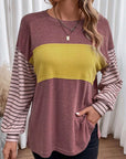 Round Neck Striped Long Sleeve Slit T-Shirt