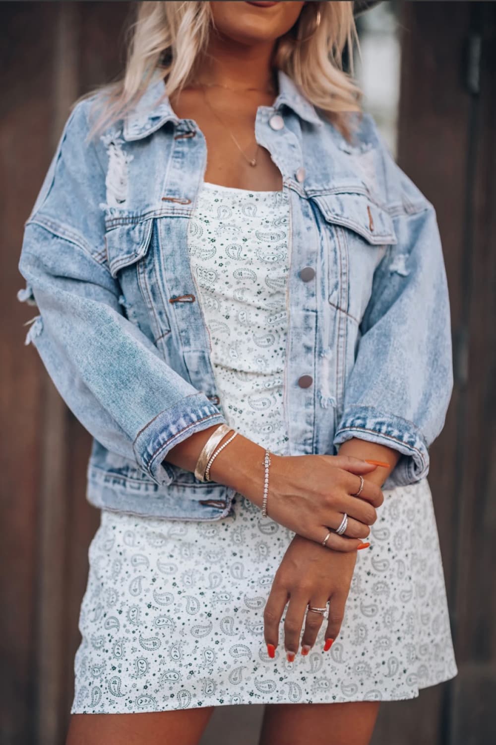 Gray Distressed Drop Shoulder Denim Jacket