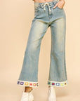 Davi & Dani Crochet Trim Flare Jeans with Pockets