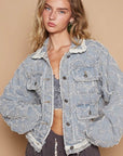 POL Star Textured Raw Hem Long Sleeve Denim Jacket