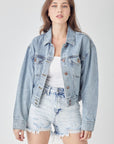 Light Gray RISEN Full Size Button Down Cropped Denim Jacket