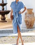 Gray Tied Button Up Short Sleeve Denim Dress