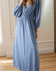 Tied Plunge Three-Quarter Sleeve Denim Dress