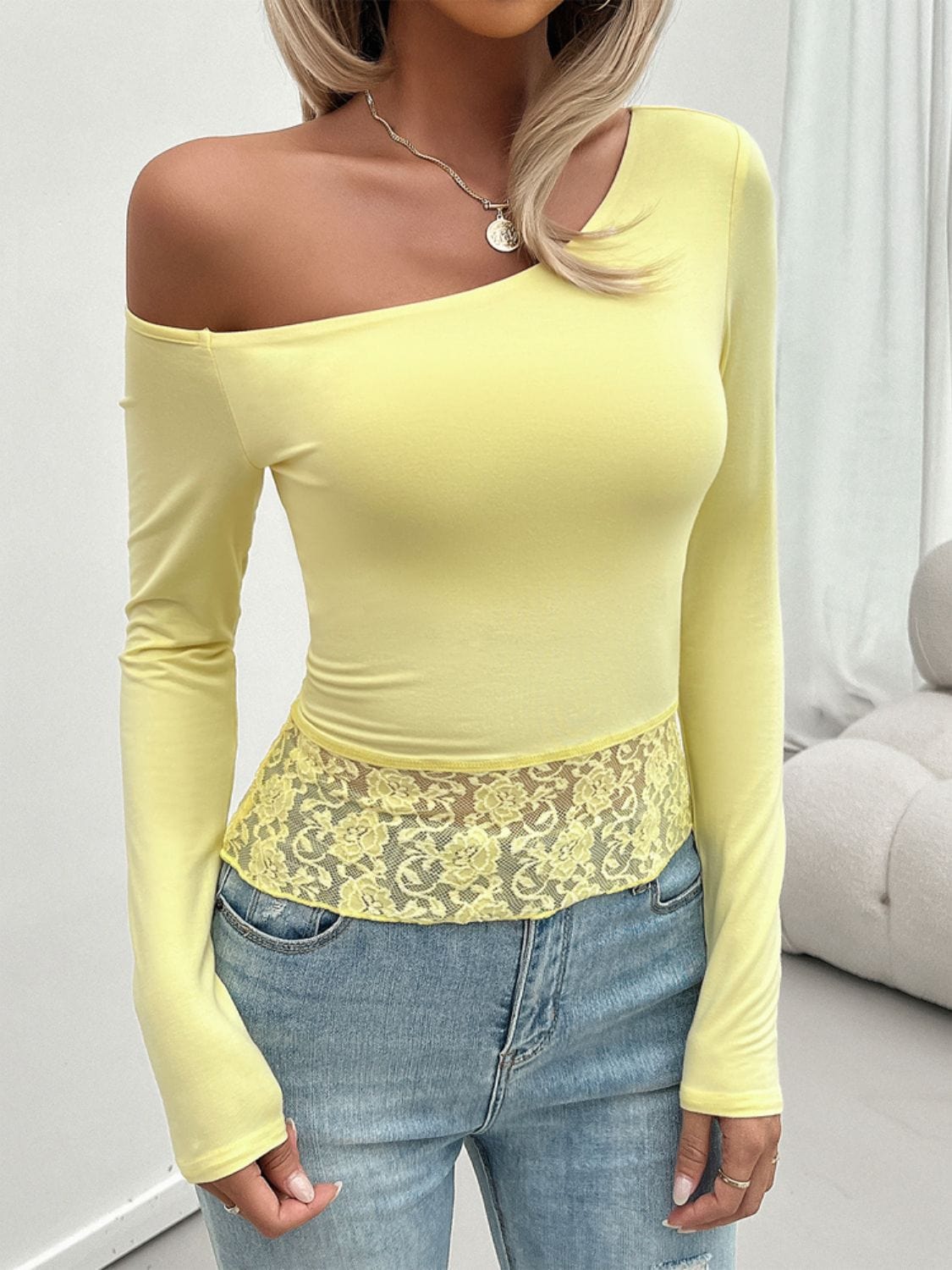 Tan Single Shoulder Long Sleeve Lace T-Shirt