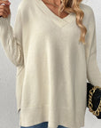 Slit V-Neck Dropped Shoulder Sweater