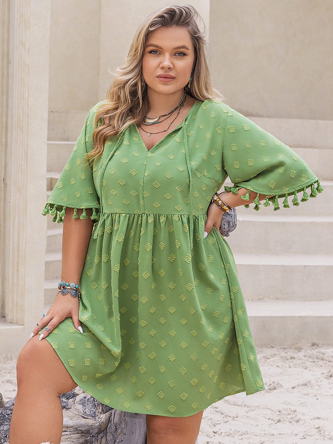 Dark Gray Plus Size Tied Tassel Half Sleeve Mini Dress