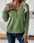 Contrast Trim Quarter Zip Long Sleeve Knit Top