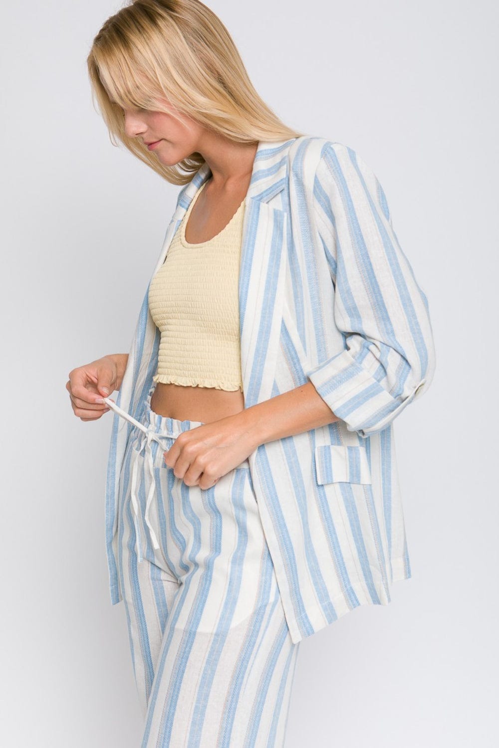 Light Gray Love Tree Linen Woven Striped Blazer