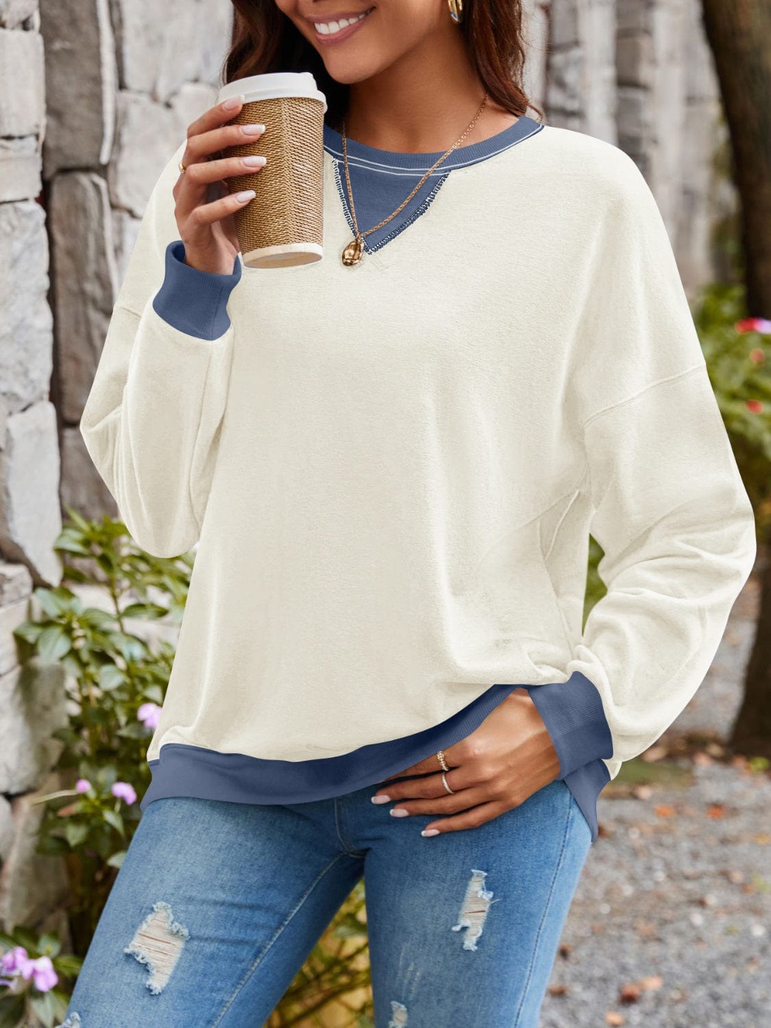 Lovelet Contrast Round Neck Long Sleeve Sweatshirt