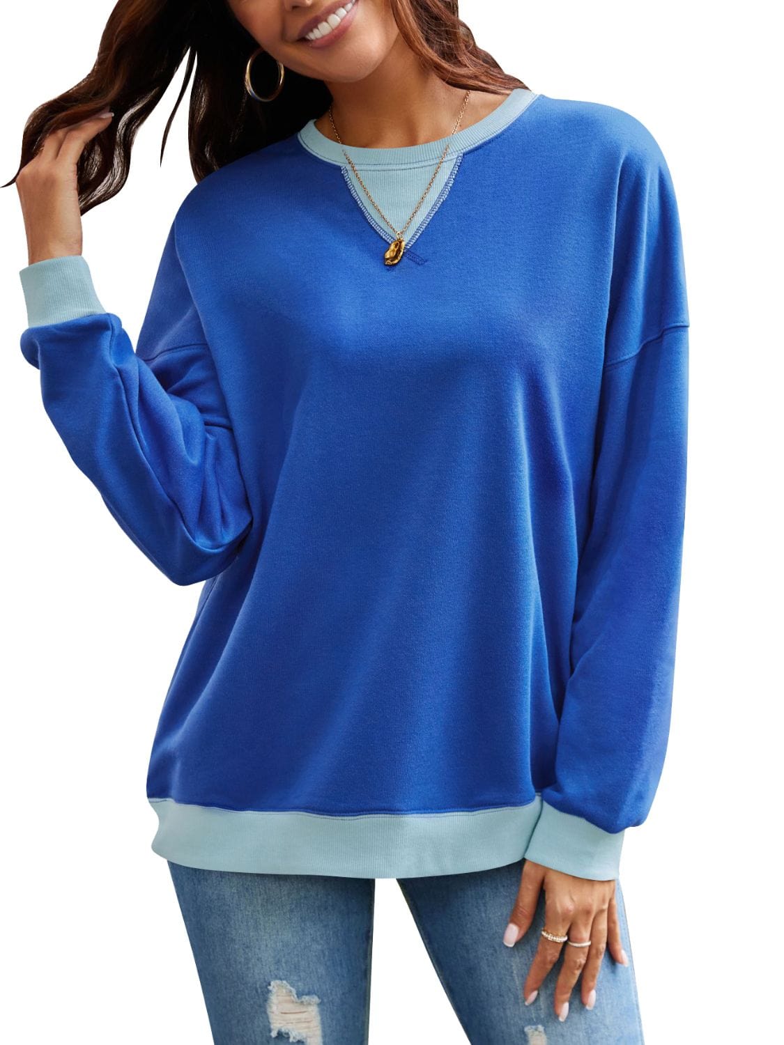 Lovelet Contrast Round Neck Long Sleeve Sweatshirt