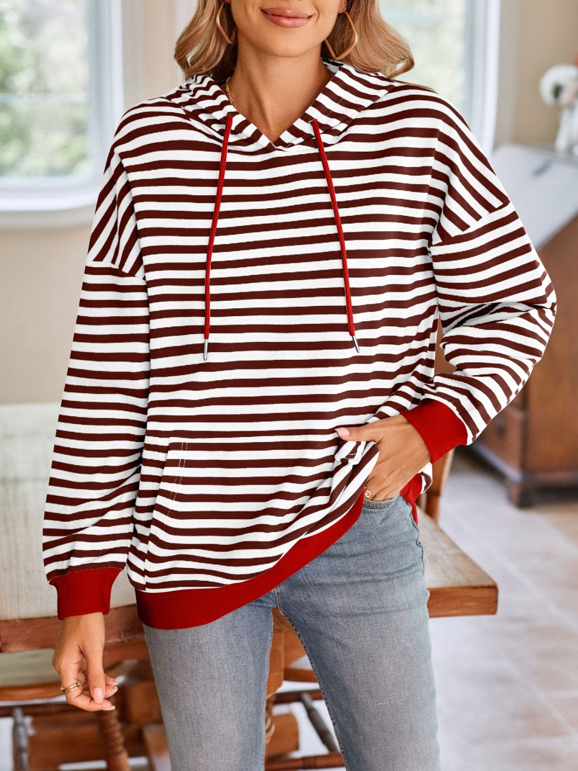 Lovelet Drawstring Striped Long Sleeve Hoodie