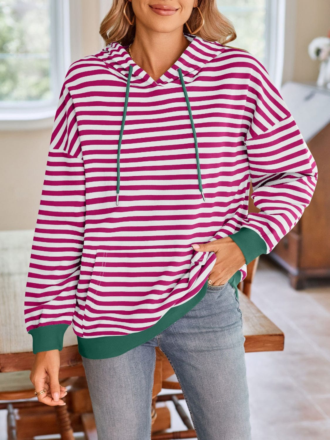 Lovelet Drawstring Striped Long Sleeve Hoodie