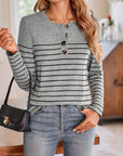 Lovelet Quarter Button Striped Round Neck Long Sleeve T-Shirt