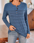 Lovelet Quarter Button Striped Round Neck Long Sleeve T-Shirt