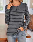 Lovelet Quarter Button Striped Round Neck Long Sleeve T-Shirt