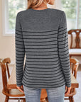 Lovelet Quarter Button Striped Round Neck Long Sleeve T-Shirt