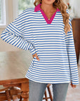 Lovelet Striped Johnny Collar Long Sleeve T-Shirt