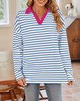 Lovelet Striped Johnny Collar Long Sleeve T-Shirt