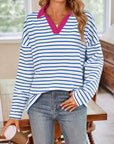 Lovelet Striped Johnny Collar Long Sleeve T-Shirt