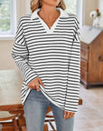 Lovelet Striped Johnny Collar Long Sleeve T-Shirt