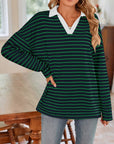 Lovelet Striped Johnny Collar Long Sleeve T-Shirt