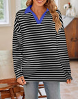 Lovelet Striped Johnny Collar Long Sleeve T-Shirt