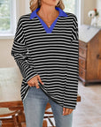 Lovelet Striped Johnny Collar Long Sleeve T-Shirt