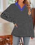 Lovelet Striped Johnny Collar Long Sleeve T-Shirt