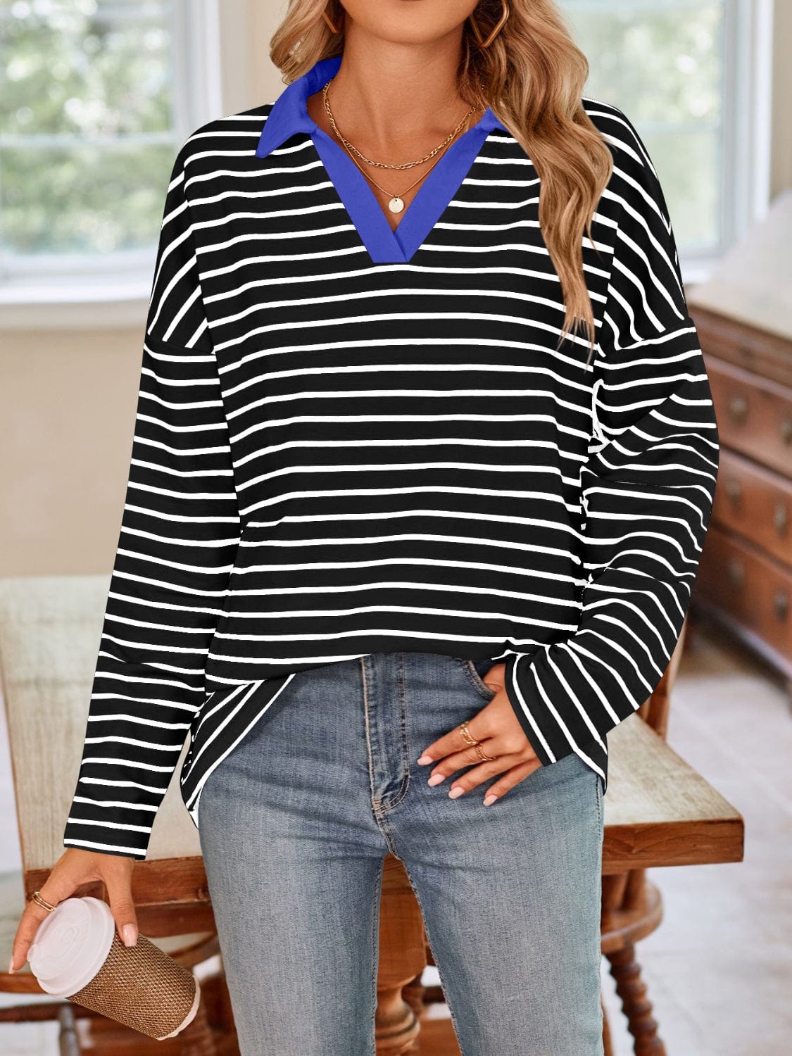 Lovelet Striped Johnny Collar Long Sleeve T-Shirt