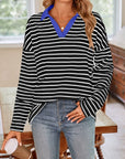 Lovelet Striped Johnny Collar Long Sleeve T-Shirt